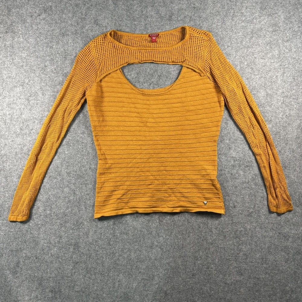 Guess‎ Cutout Knit Sweater Large Mustard Yellow Ribbed Open Knit Mesh Detail